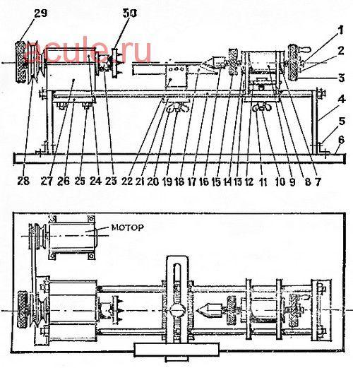 устройство универсального станка по дереву: 1 — пиноль; 2 — гайка; 3 — маховик 4 — стойка (2 шт.); 5 — угольник (2 шт.); 6 — основание; 7 — корпус пиноля; 8 — стойка задней бабки (2 шт.); 9 — втулка задней бабки; 10 — винт натяжной; 11 — гайка-барашек; 12 — распорная планка; 13 — винт М4х12 (4 шт.); 14 — гайка М14х1,25; 15 — контргайка; 16 — корпус вращающегося центра; 17 — направляющие (2 шт.); 18 — подручник; 19 — натяжной винт; 20 — гайка-барашек; 21 — планка; 22 — основание подручника; 23 — шпиндель; 24 — корпус шпинделя; 25 — шпилька передней бабки (2 шт.); 26 — планка для передней бабки; 27 — подушка; 28 — шкив; 29 — натяжной винт; 30 — планшайба